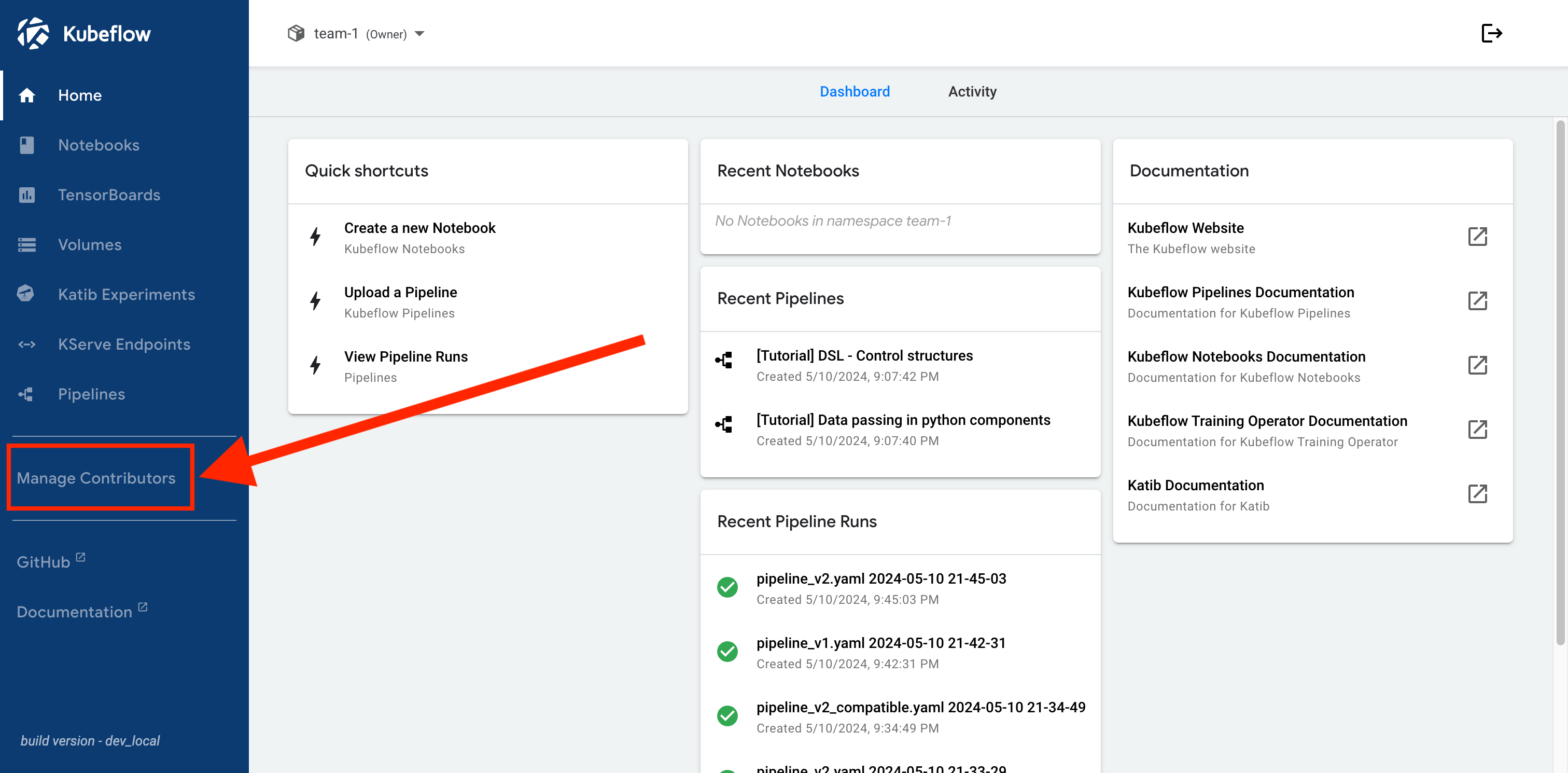 Kubeflow Central Dashboard - Manage Contributors Link